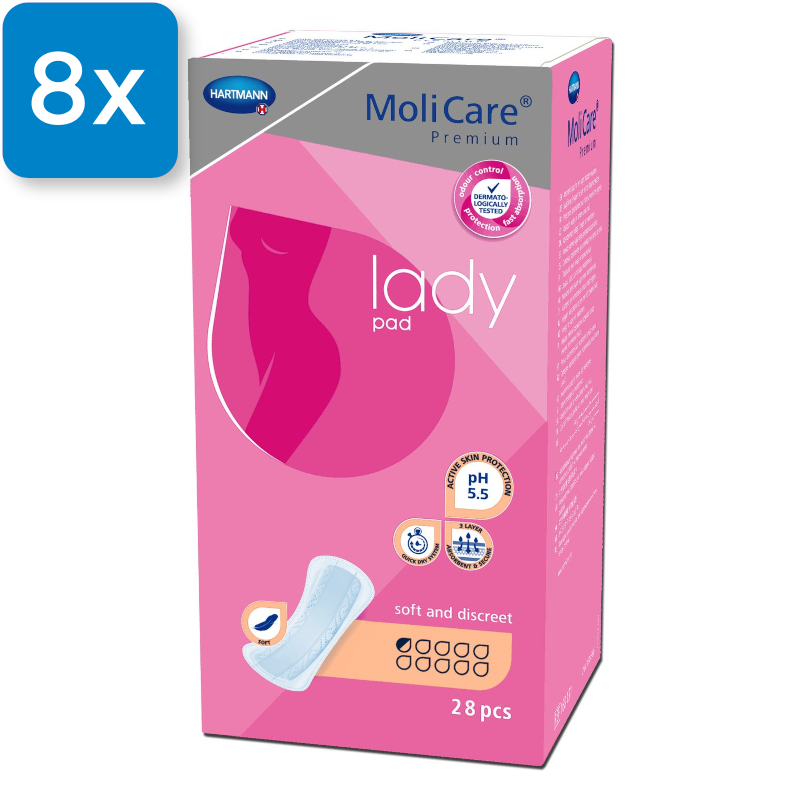 Die Vorderseite einer Packung Molicare Premium Lady Pad 0,5 Tropfen. Oben links ist ein blaues Viereck mit der Aufschrift "8x", welche aussagt, dass acht Packungen in einem Karton enthalten sind.
